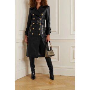 Women's Black Pure Leather Trench Length Coat 100% Real Lambskin Stylish Trench Over Coat - Image 2