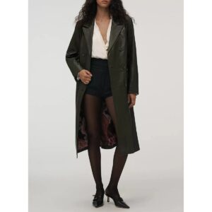 Women's Olive Green Leather Trench Coat 100% Genuine Lambskin Trench Over Coat - Image 3