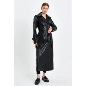 Double Breasted Women's Black Genuine Lambskin Leather Trench Coat Slim Fit Stylish Over Coat - Image 1