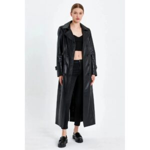 Double Breasted Women's Black Genuine Lambskin Leather Trench Coat Slim Fit Stylish Over Coat - Image 2