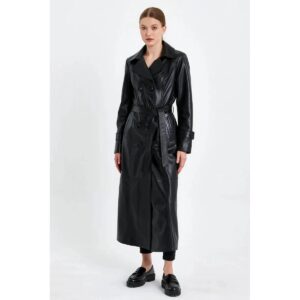 Double Breasted Women's Black Genuine Lambskin Leather Trench Coat Slim Fit Stylish Over Coat - Image 3