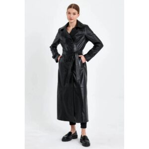 Double Breasted Women's Black Genuine Lambskin Leather Trench Coat Slim Fit Stylish Over Coat - Image 4