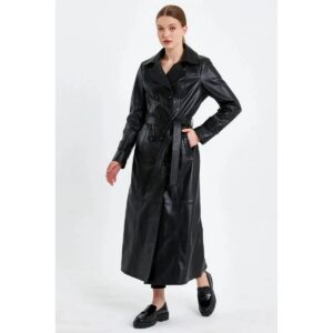 Double Breasted Women's Black Genuine Lambskin Leather Trench Coat Slim Fit Stylish Over Coat - Image 5