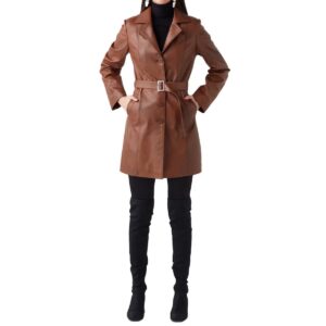 Women's Tan Leather Trench Coat 100% Genuine Lambskin Knee Length Causal Coat - Image 3
