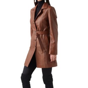 Women's Tan Leather Trench Coat 100% Genuine Lambskin Knee Length Causal Coat - Image 4