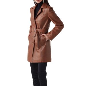 Women's Tan Leather Trench Coat 100% Genuine Lambskin Knee Length Causal Coat - Image 5