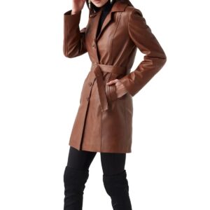 Women's Tan Leather Trench Coat 100% Genuine Lambskin Knee Length Causal Coat - Image 6
