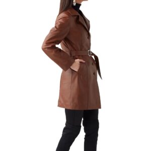 Women's Tan Leather Trench Coat 100% Genuine Lambskin Knee Length Causal Coat - Image 7