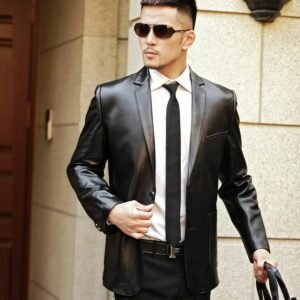 Men's Slim Fit Genuine Black Leather Blazer Jacket Classic 2-Button Single Breasted Formal Suit Coat & Business Casual Blazer - Image 1